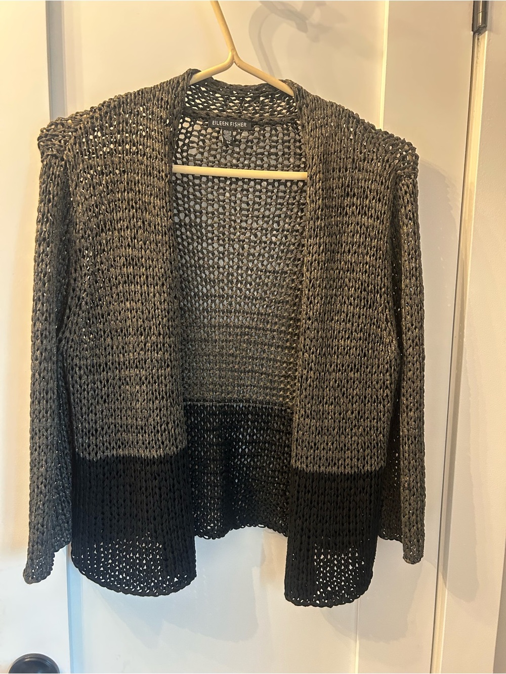 Eileen Fisher Two-Tone Open Knit Cardigan in olive gold and Black